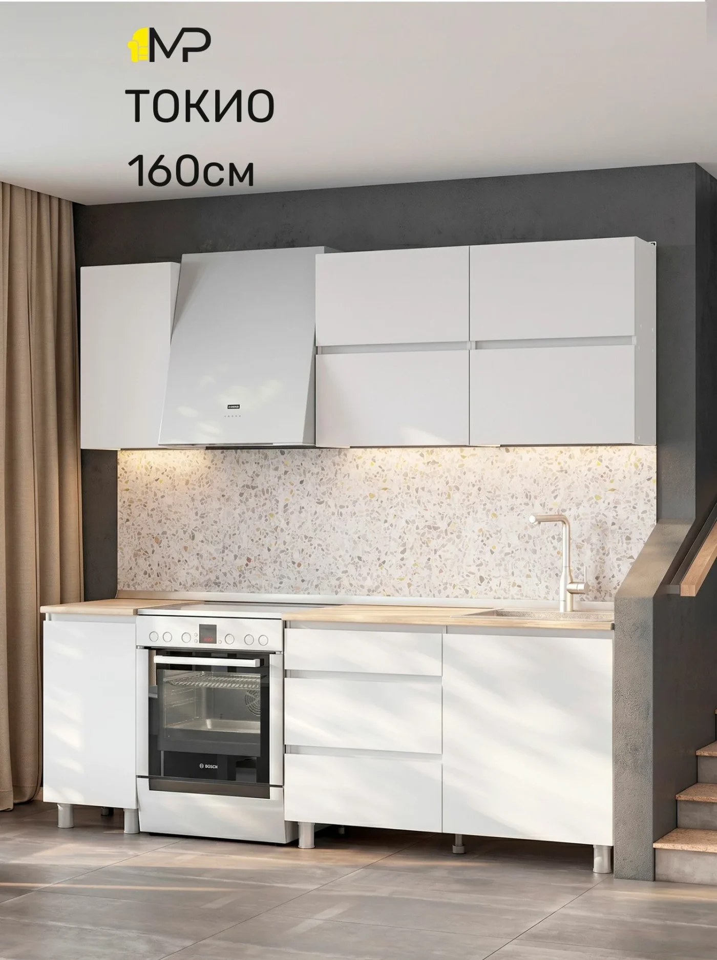 Кухонный гарнитур Токио Грейс 1,6м белый/дуб сонома со столешницей, ЛДСП
